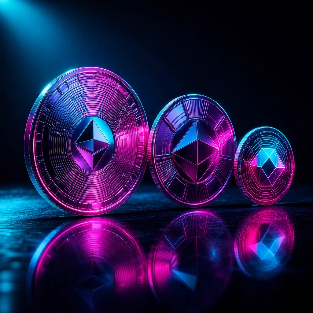 Glowing crypto coins arranged in geometric neon pattern
